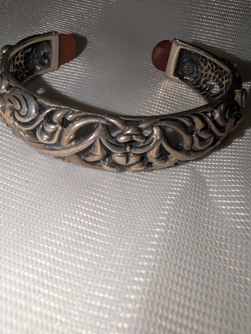 Studio Barse Ornate Silver-Tone Carved Cuff with Red-Brown Accents